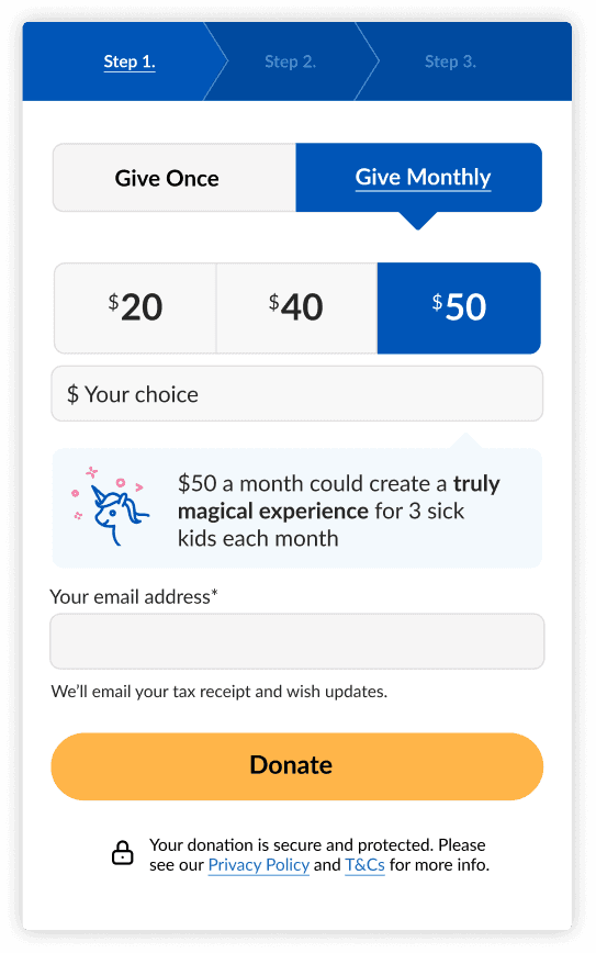 A web page for Make-A-Wish Australia's "About Wishes" section, explaining the importance of wishes for seriously ill children, with a prominent donate button and infographic icons representing hope, empowerment, and making wishes come true.