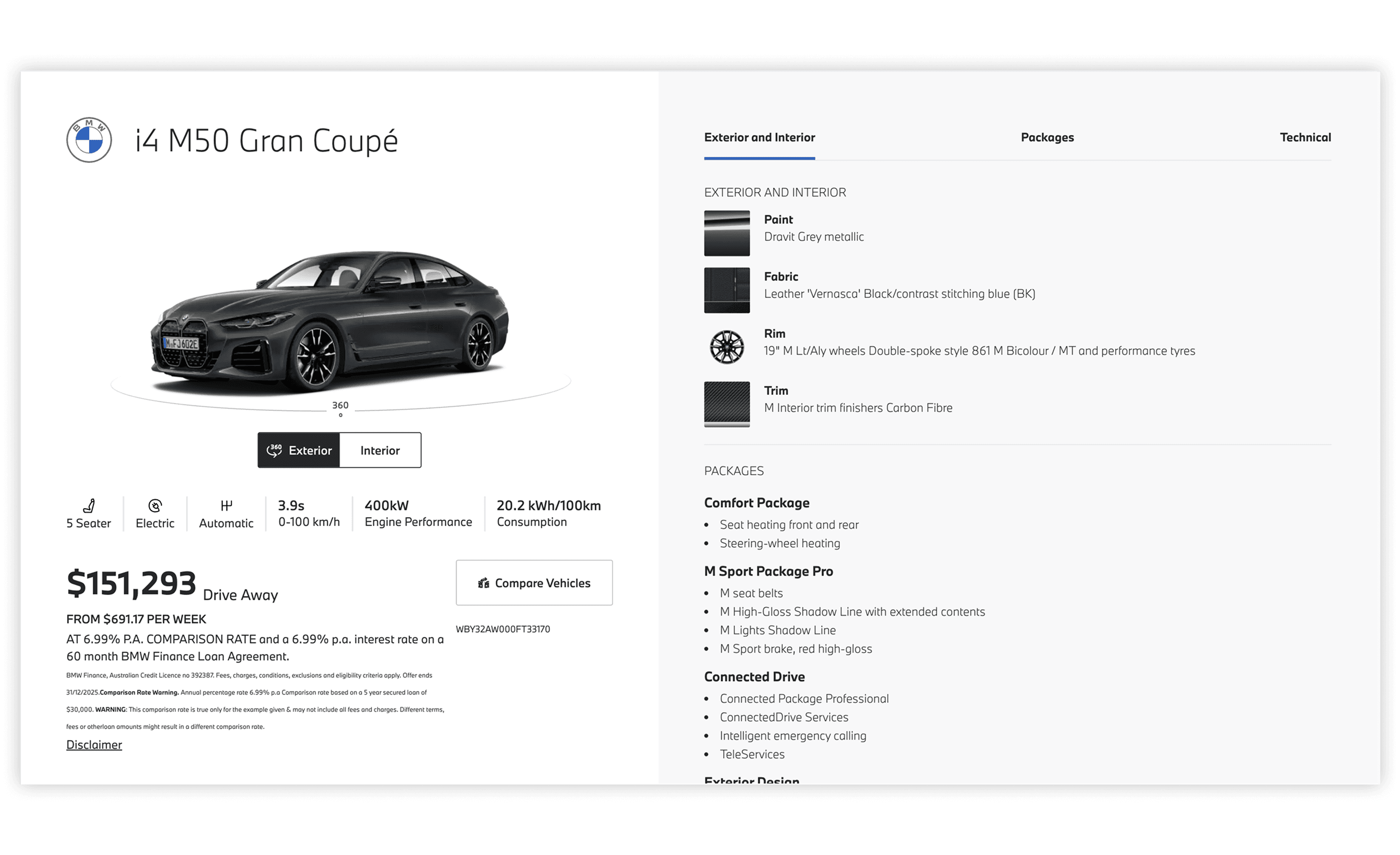 BMW iX1 eDrive20 vehicle displayed on a website configurator, showing specifications such as 5 seats, electric engine, automatic transmission, and a price of $209,000 AUD drive away. The vehicle is shown in Cape York Green metallic, with light alloy wheels, and highlighted features including performance, upholstery details, and package options.