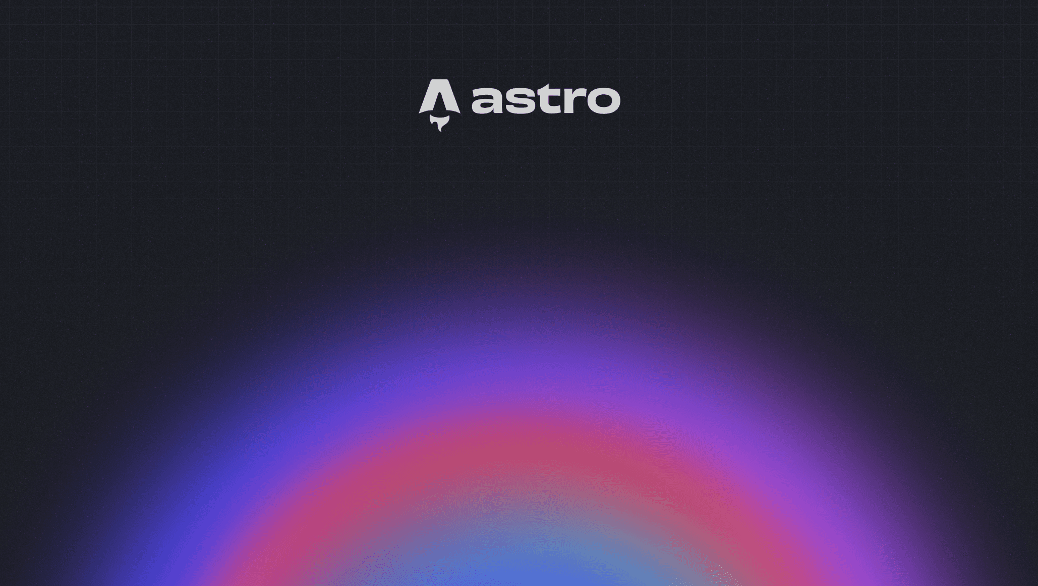 The Astro logo centered on a dark background with a subtle grid pattern and a glowing, colorful gradient (blue, purple, red) radiating from the bottom center.
