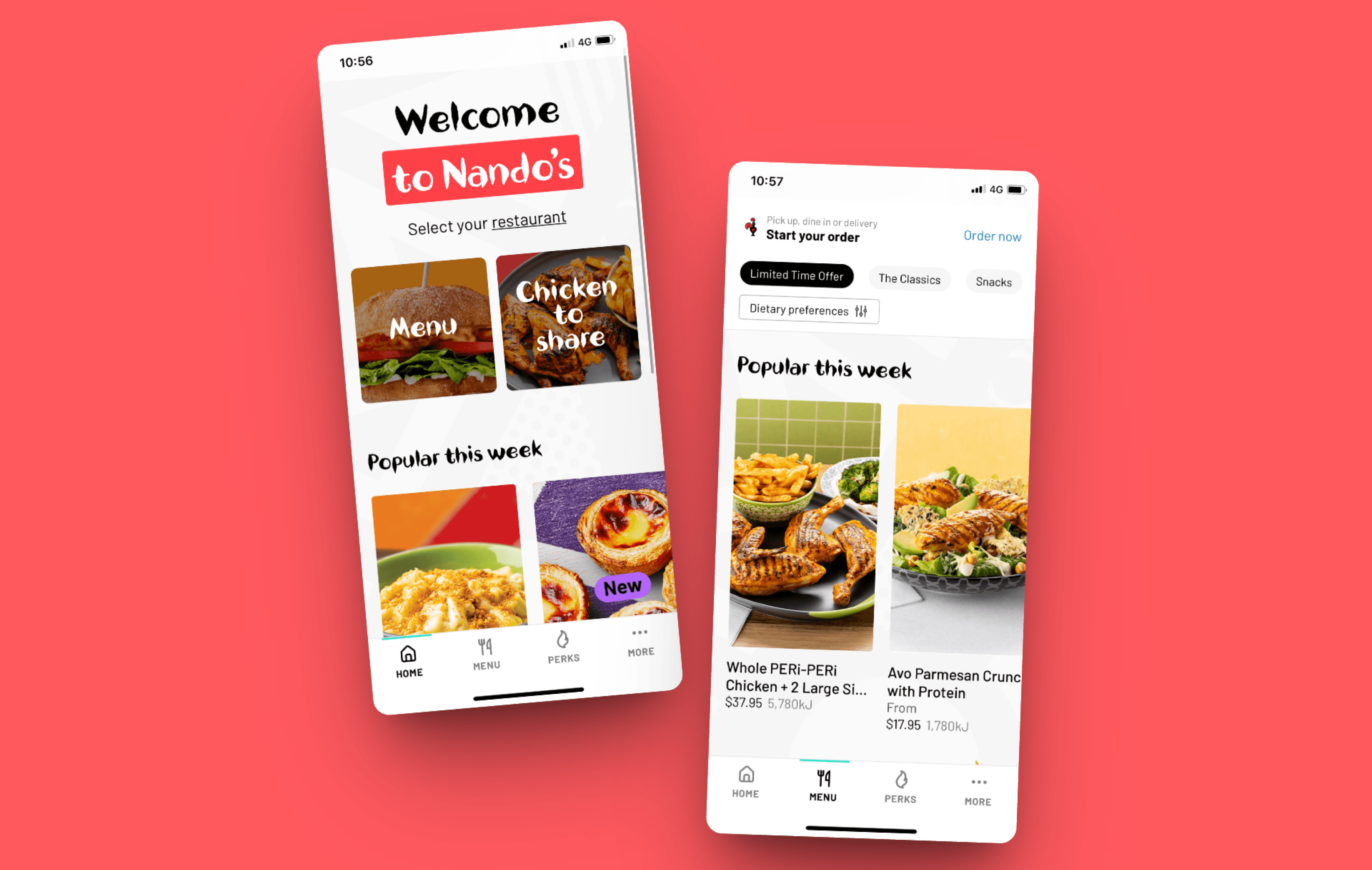 Two smartphones display the Nando’s restaurant mobile app interface. The first screen welcomes users, offering menu options like “Menu” and “Chicken to share” and shows popular dishes for the week. The second screen highlights the ordering process, dietary preferences, and a selection of featured meals with prices and images, all against a bright red background.