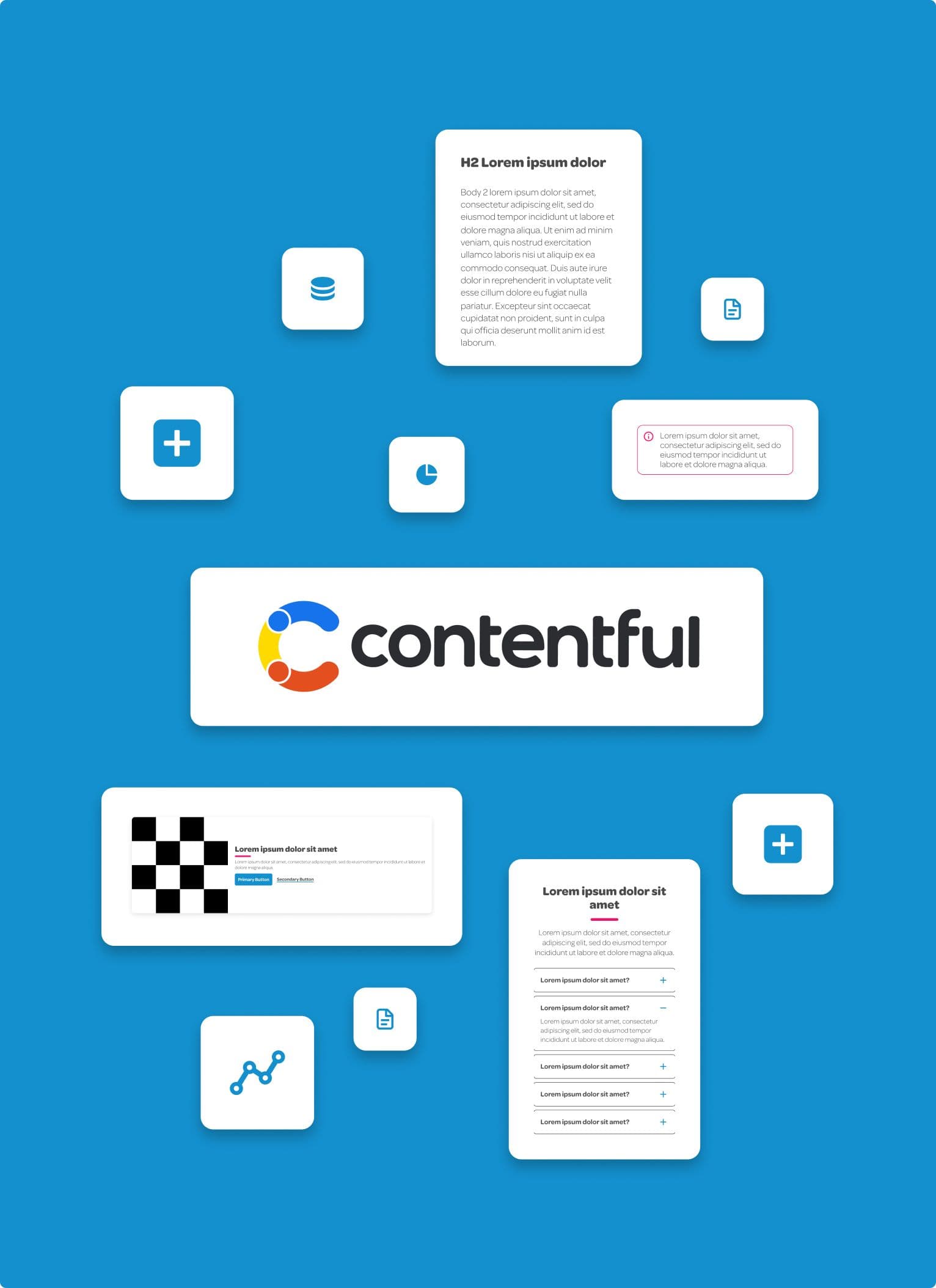 Blue background with Contentful logo in the centre, surrounded by UI elements and cards representing different web content modules.