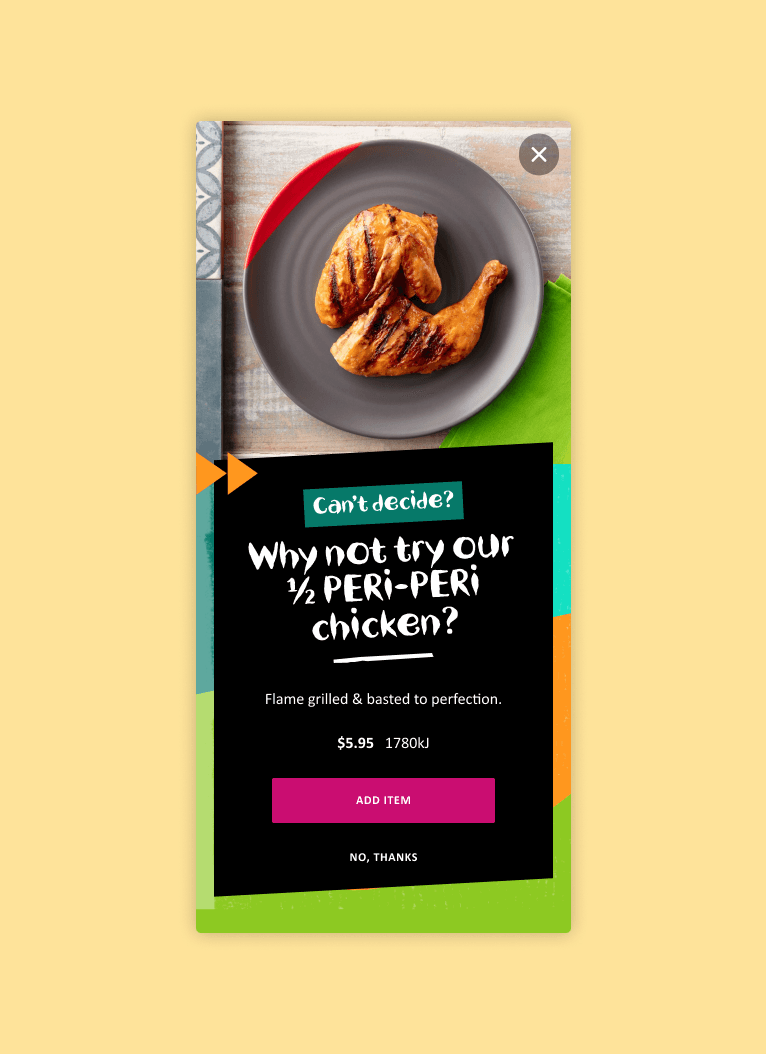 op-up promotion displaying a plate with two pieces of grilled peri-peri chicken, inviting users to try a half chicken for $5.95. Includes the dish’s energy value and a button to add the item.