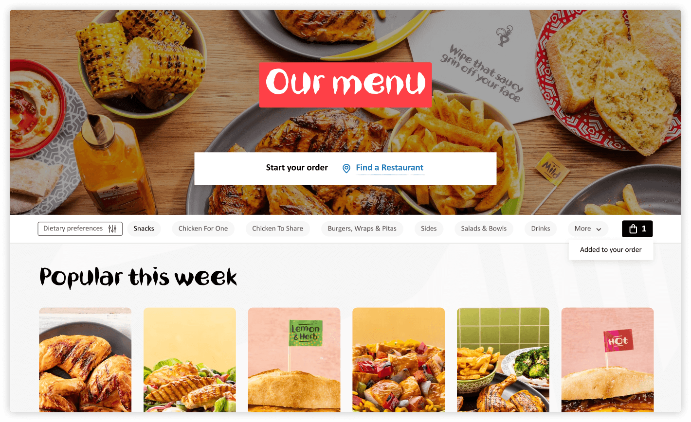 Online menu page for Nando’s featuring grilled chicken, chips, corn, garlic bread and a selection of menu categories. The phrase 'Our menu' is prominent in the centre.