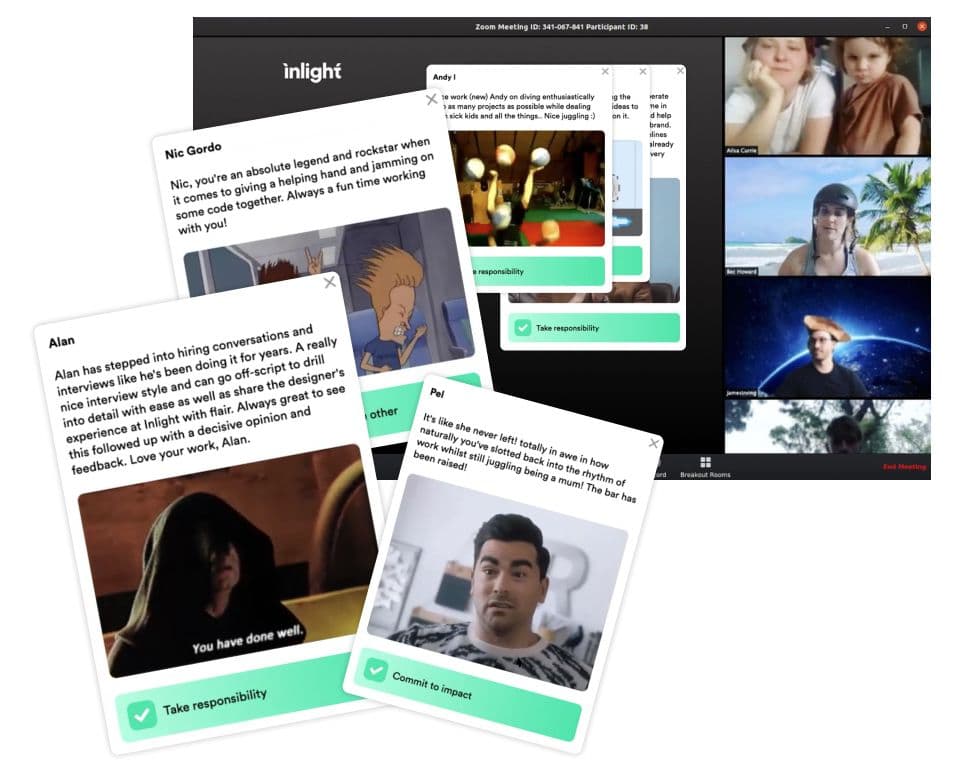 A Zoom meeting screen with several team members participating remotely, alongside pop-up cards sharing positive feedback about contributions, teamwork, and responsibility.