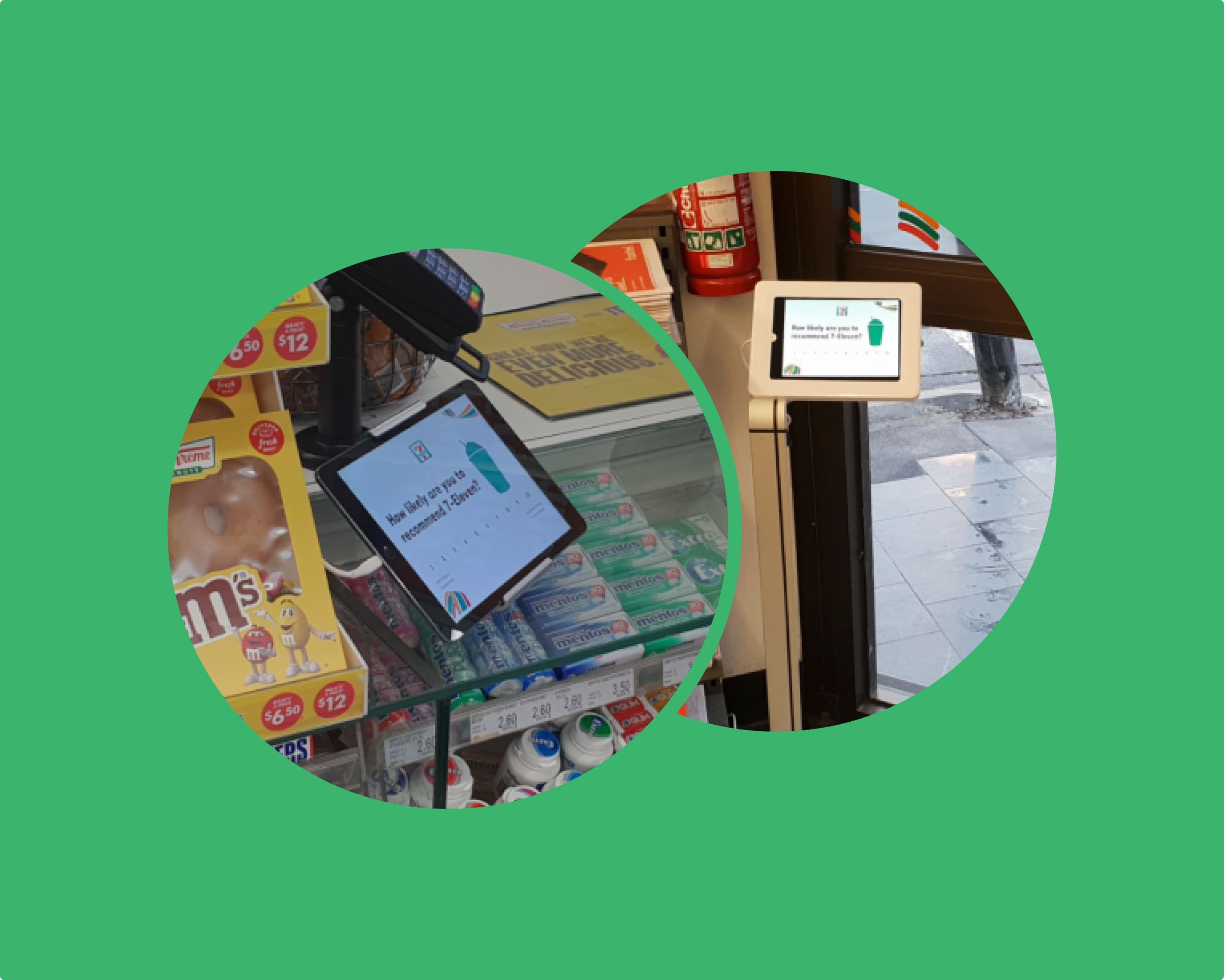 Tablet devices inside a 7-Eleven store showing customer feedback surveys near the checkout and entrance areas.