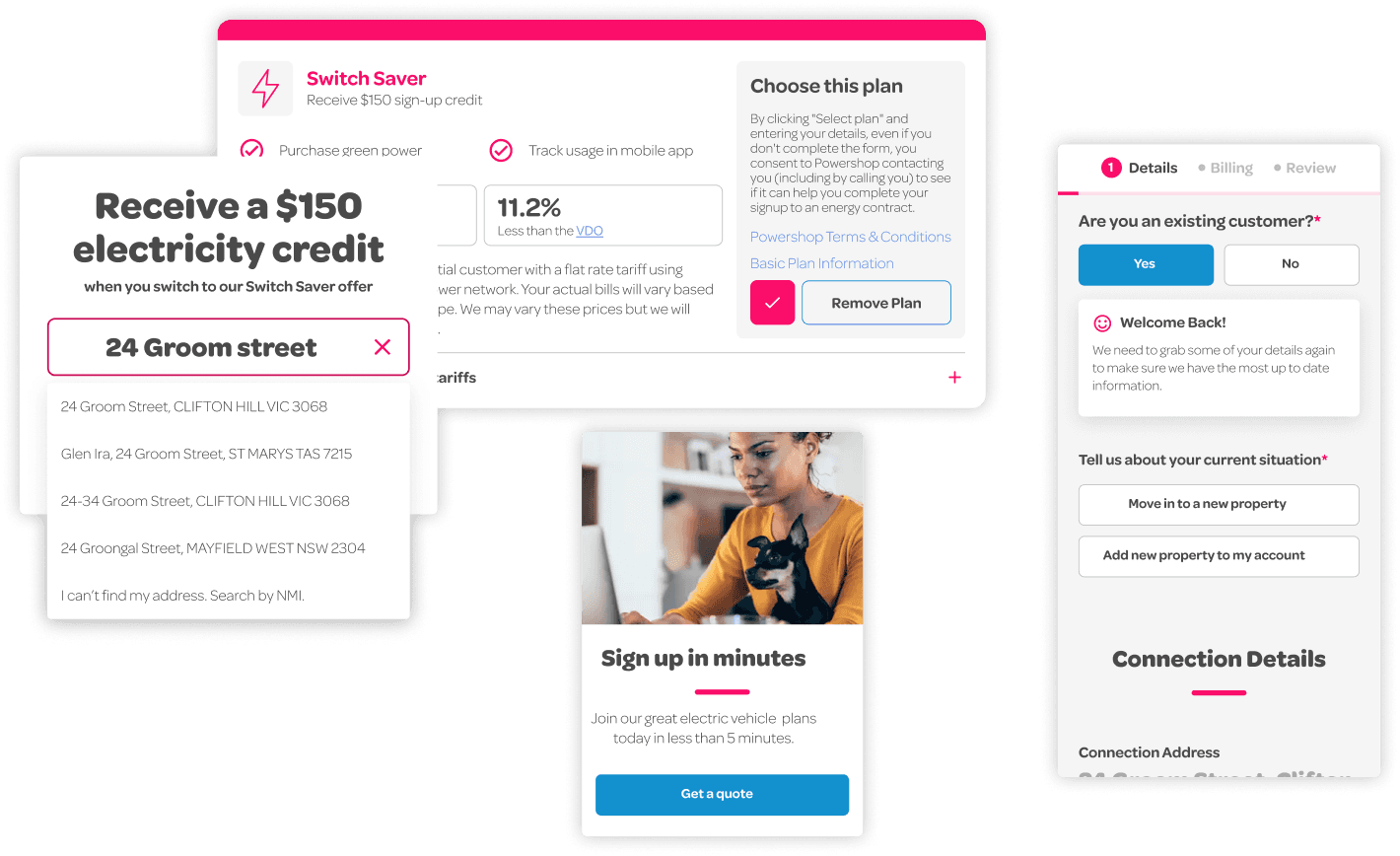 Electricity retailer website interface showing a $150 electricity credit offer, address entry options, sign-up form, and plan selection details.