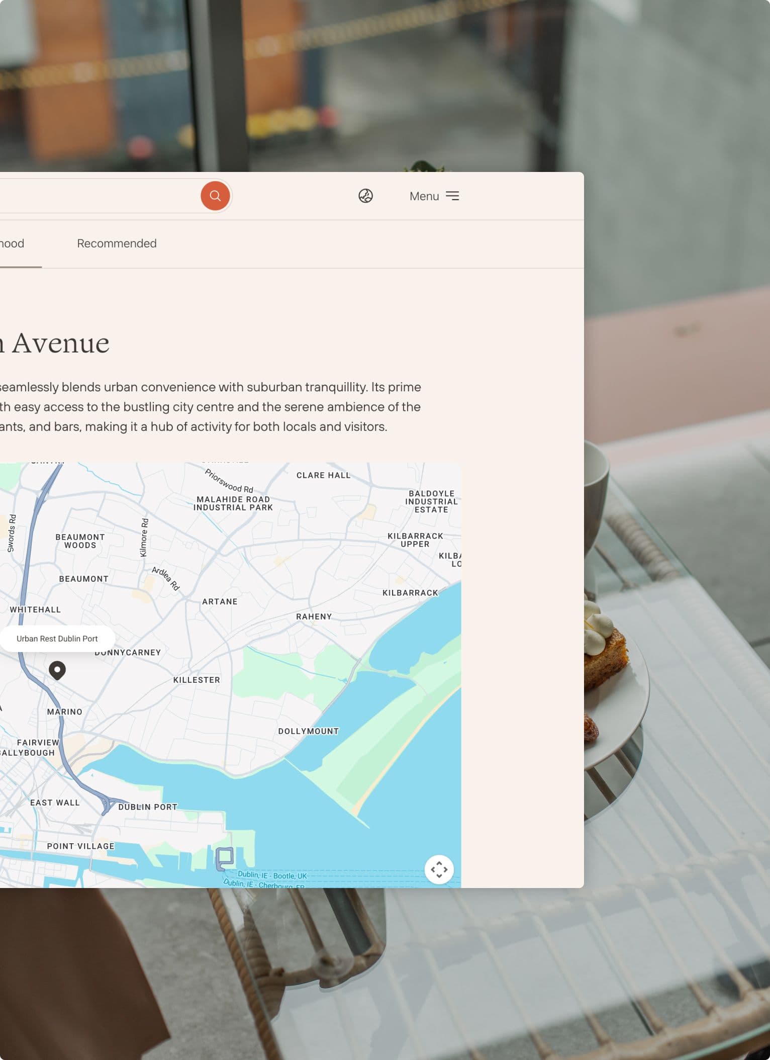 A digital map displayed on a website, highlighting Urban Rest Dublin Port’s location near Griffith Avenue in Dublin. The map view shows nearby suburbs and the coastline, with a detailed text description that explains the area’s urban convenience and tranquil atmosphere.