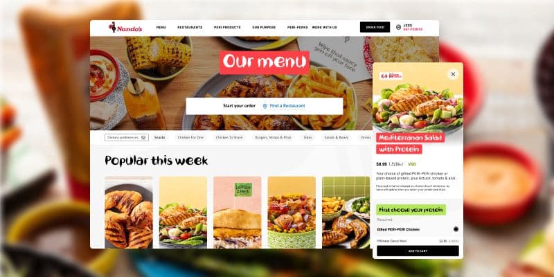 Nando’s menu webpage showing a bright, inviting layout with grilled chicken, salads, and burgers. Popular dishes appear as large, colourful images, and “Mediterranean Salad with Protein” is highlighted with a detailed description and price. The site includes options for dietary preferences and easy ordering, designed to guide customers simply and enjoyably.