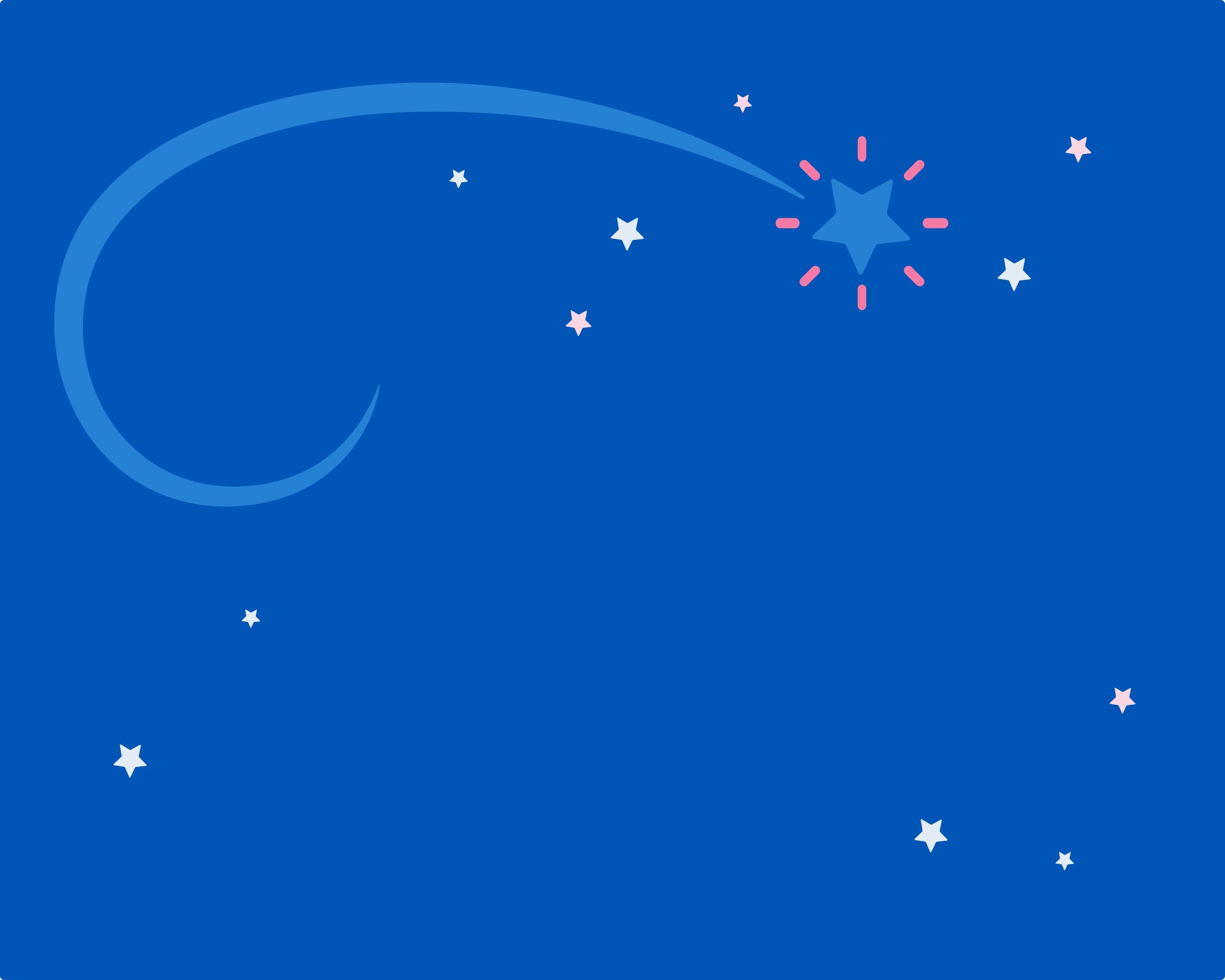 A simple blue graphic background with a large shooting star and several smaller stars scattered across the scene.
