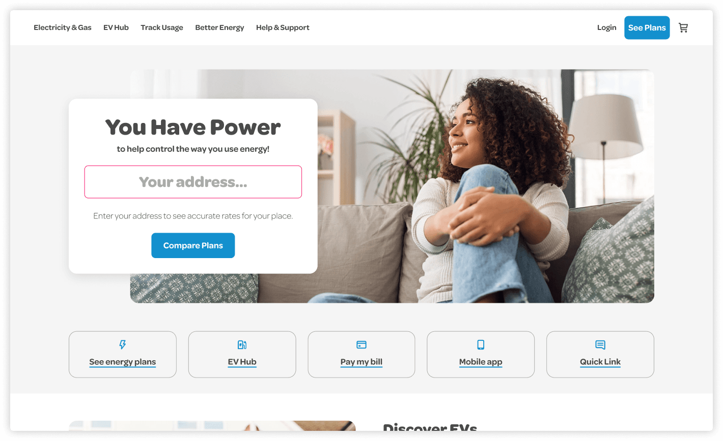 Energy retailer website homepage featuring a user seated on a couch with an address search form, navigation menu, and plan comparison button.