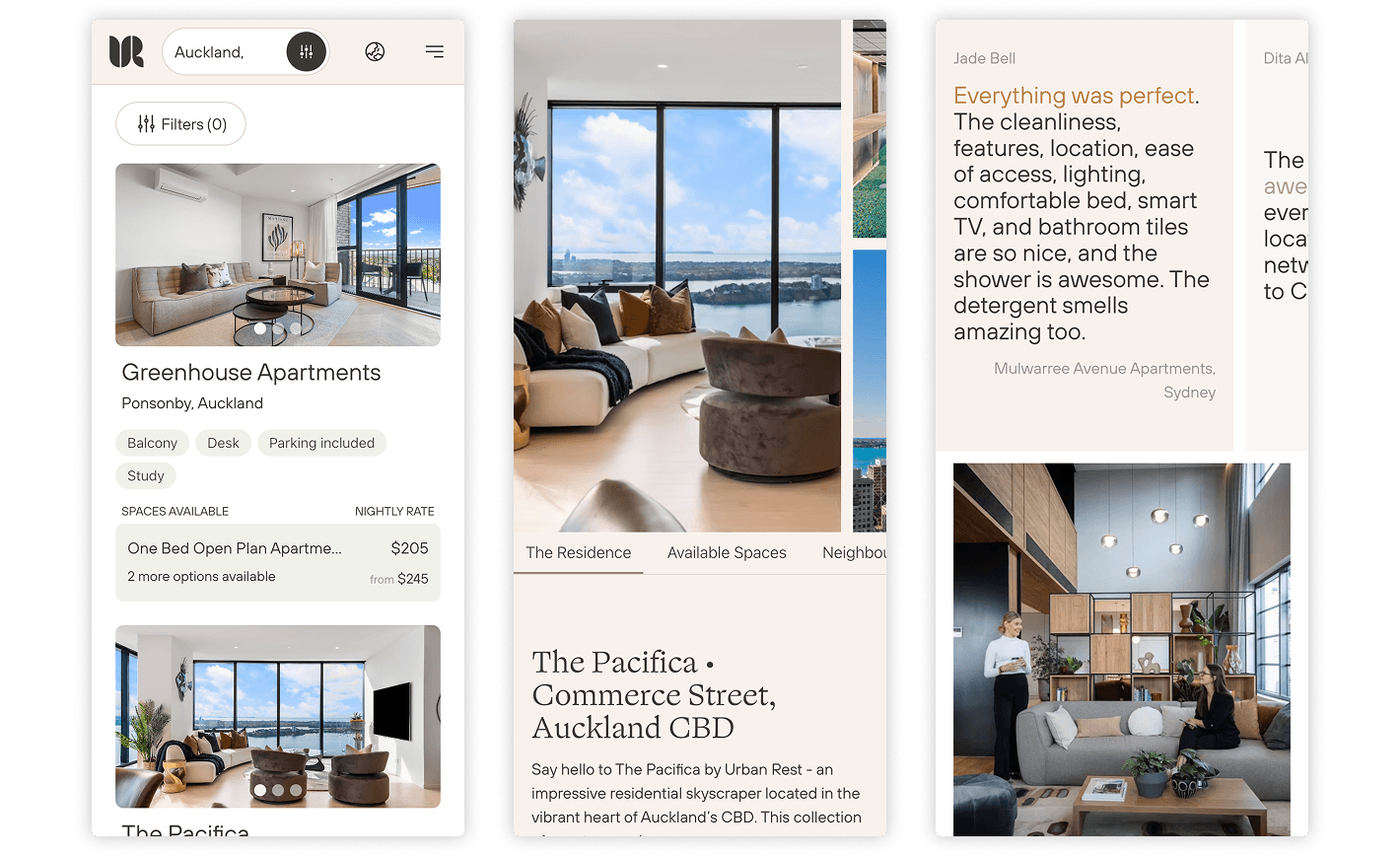 Three mobile app screens showcasing apartment listings and guest reviews. The first screen displays a listing for Greenhouse Apartments in Auckland with nightly rates and features. The second screen highlights The Pacifica, a modern residence with large windows and city views. The third screen features a guest review praising cleanliness and comfort, alongside a photo of a stylish communal lounge with two people seated and talking.